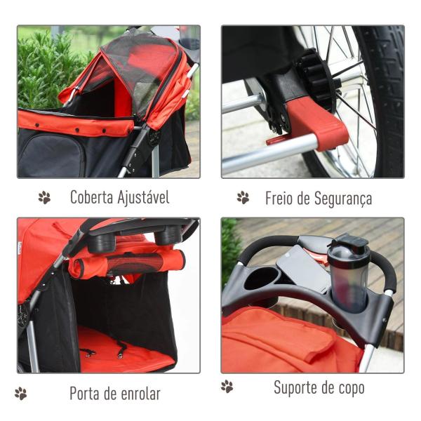 Carrinho dobrável para animais de estimação com 3 rodas Correias de segurança e cesto de armazenamento 109,5x54,5x106,5 cm Vermelho e preto