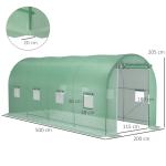 Estufa tipo Túnel 500x200x205 cm Estufa de Jardim com Porta Enrolável e 8 Janelas Cobertura de PE 140 g/m² Verde