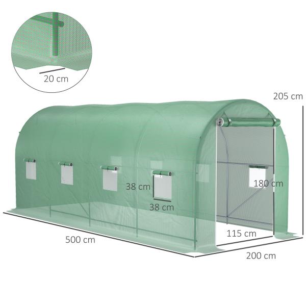 Estufa tipo Túnel 500x200x205 cm Estufa de Jardim com Porta Enrolável e 8 Janelas Cobertura de PE 140 g/m² Verde