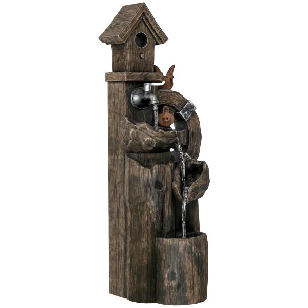 Fonte de Jardim 2 em 1 com Casa para Pássaros Fonte de Água com Luzes LED Bomba Fonte Decorativa com Troncos de Árvore Multicor