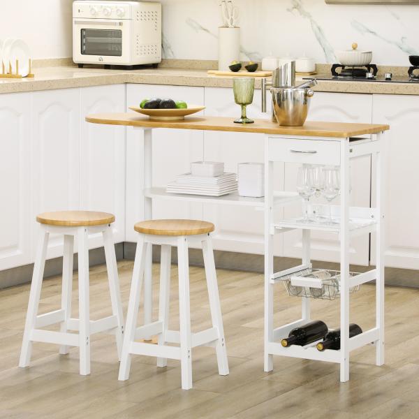 Conjunto de Mesa com 1 Gaveta 2 Prateleiras Cesta Removível e Suporte para Garrafas 119x38,5x88,5cm e 2 Bancos 29x29x55cm Branco