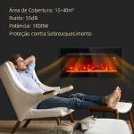 Lareira Elétrica de Parede, Aquecedor 1800W, Chama LED 3D, Cristais, 3 Cores, 5 Níveis de Brilho, Comando, Temporizador, Ecrã Tátil, Preto