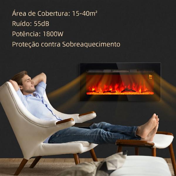 Lareira Elétrica de Parede, Aquecedor 1800W, Chama LED 3D, Cristais, 3 Cores, 5 Níveis de Brilho, Comando, Temporizador, Ecrã Tátil, Preto