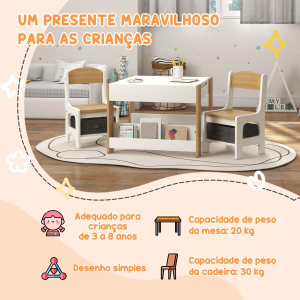 Mesas e Cadeiras Infantis Conjunto 2 em 1 com Armazenamento Mesa 61,5x61,5x48 cm Cadeiras 28,5x30,5x53 cm para Quarto Dormitório Cinza