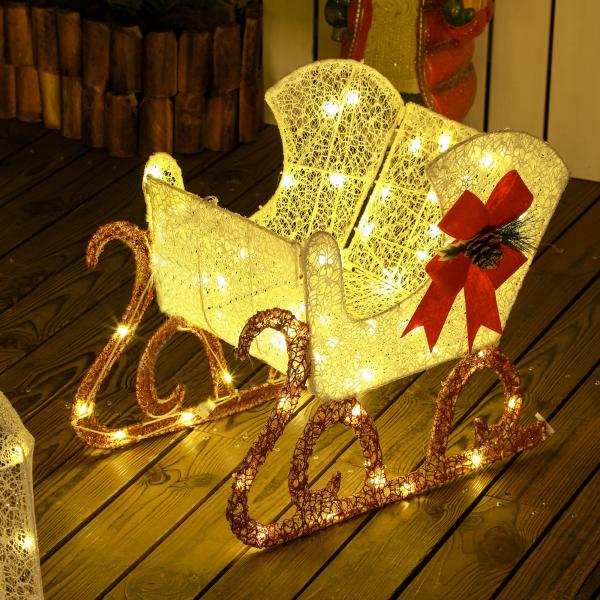 Rena com Trenó Luminoso Decoração de Natal com 170 LED Branco Quente Iluminação Natalícia 50x29x42 cm Multicor