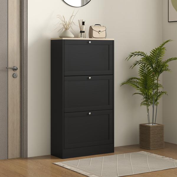 Móvel Sapateira de Entrada com 3 Gavetas Basculantes e Prateleiras Ajustáveis para 18 Pares de Sapatos 60x23,5x115 cm Preto