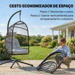 Cadeira Suspensa com Suporte Cesto Dobrável de Vime Almofada Grossa e Altura Ajustável 101x105x196 cm Cinza Claro