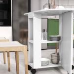 Mesa de Cozinha Dobrável com Rodas Laterais Rebatíveis e 2 Prateleiras Abertas Estilo Moderno 120x60x77 cm Branco