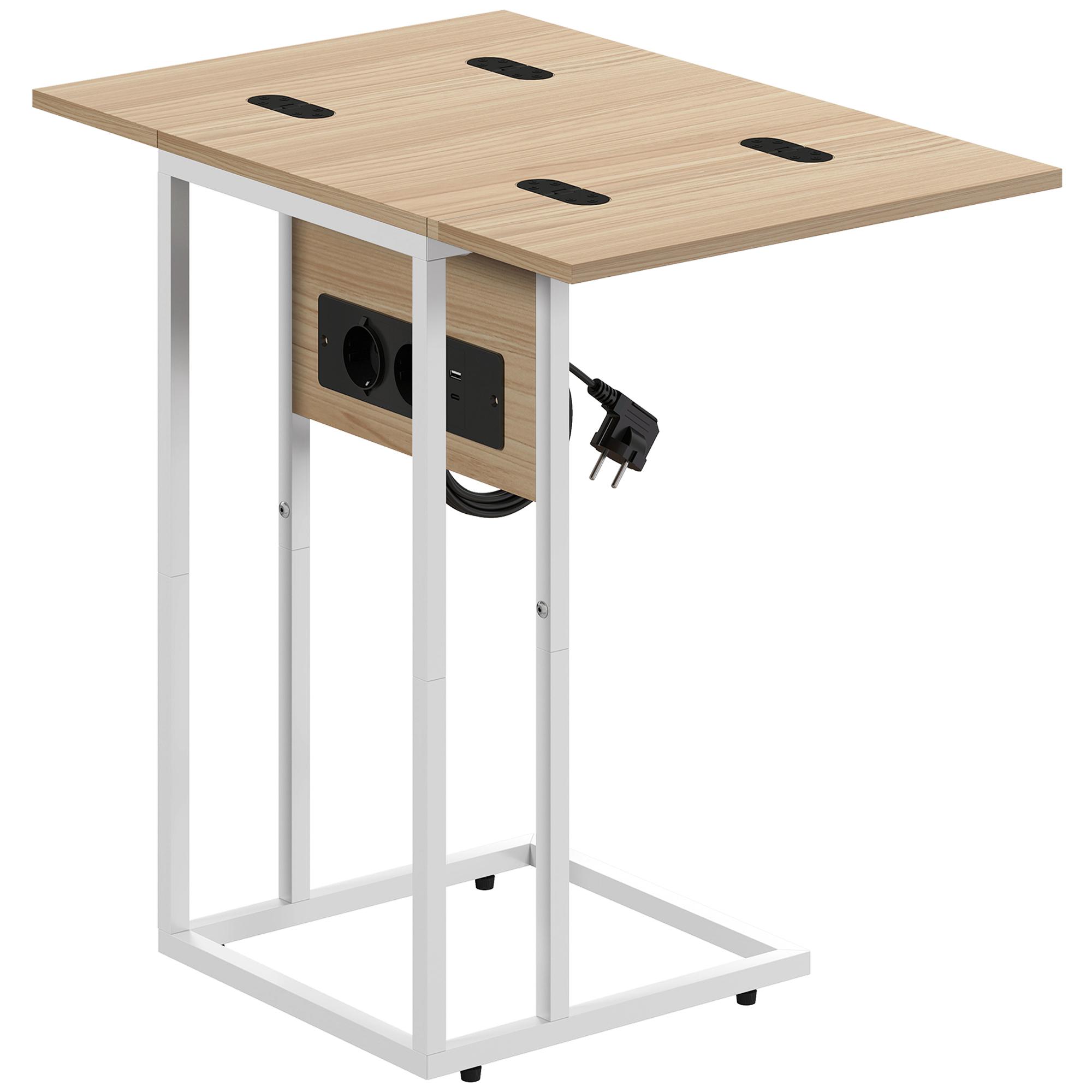 Mesa Auxiliar com Estação de Carga com Tampo Dobrável e Pés Ajustáveis 39x29x57 cm Branco e Madeira