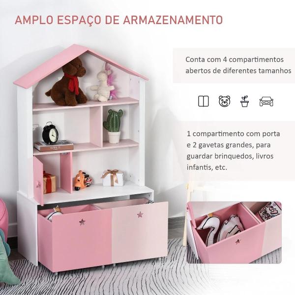 Estante de Madeira Infantil Estante de Livros para Crianças com 4 Compartimentos 1 Porta e 2 Gavetas Removíveis com Rodas para Livros Brinquedos 80x34x130cm Rosa e Branco