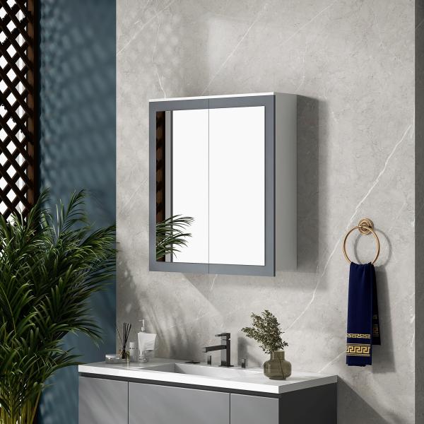 Armário de Casa de Banho com Espelho 2 Portas e Prateleiras Ajustáveis 69x17x75,5 cm Branco e Cinza