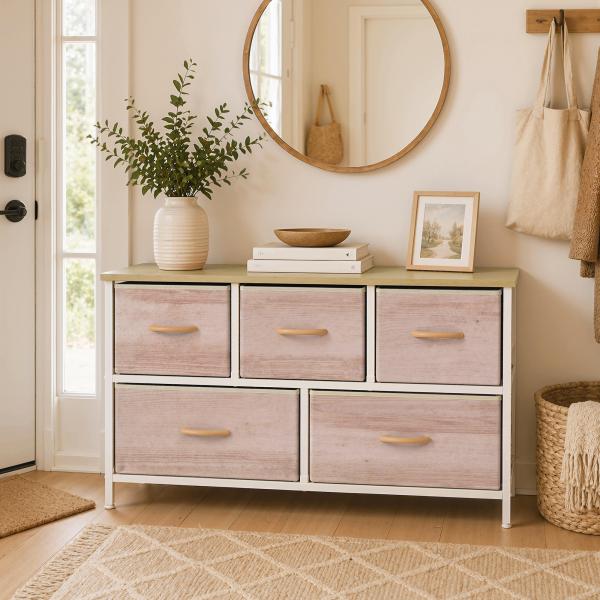 Cómoda com 5 Gavetas de Tecido Cómoda para Quarto Estrutura Metálica 100x30x51.5 cm Madeira e Branco