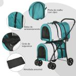 Carrinho Duplo para Cães Gatos Dobrável com 2 Transportadoras Portáteis Cinto de Segurança 66x50x98 cm Turquesa e Cinza