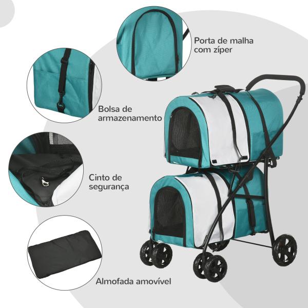 Carrinho Duplo para Cães Gatos Dobrável com 2 Transportadoras Portáteis Cinto de Segurança 66x50x98 cm Turquesa e Cinza