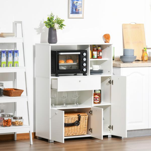 Aparador Auxiliar para Microondas Buffet de Cozinha com 2 Armários com Portas 1 Gaveta e Prateleiras de Armazenamento 90x40x120cm Branco