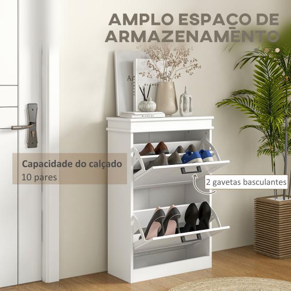 Sapateira Estreita com 2 Gavetas Basculantes Moderno com Prateleiras Ajustáveis para 10 Pares Branco