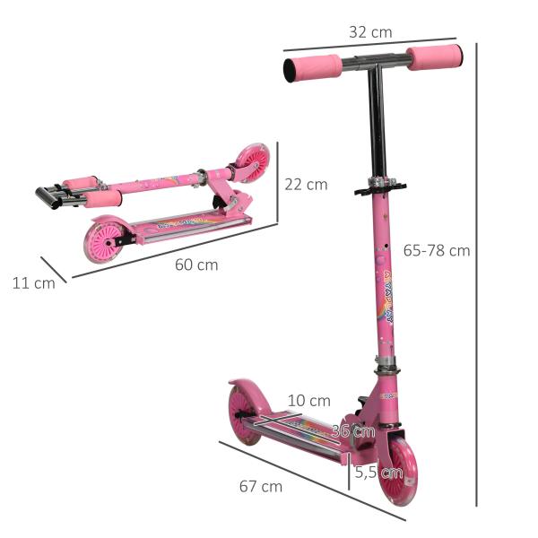 Trotinete para Crianças Dobrável com Luzes e Música 4 Alturas Ajustável Rodas Brilhantes e Pedal LED 67x32x65 - 78 cm Rosa
