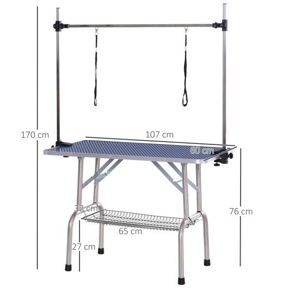 Mesa de Tosquia para Cães Dobrável com Prateleira de Armazenamento e Altura Ajustável 20 - 80 cm 107x60x170 cm Azul