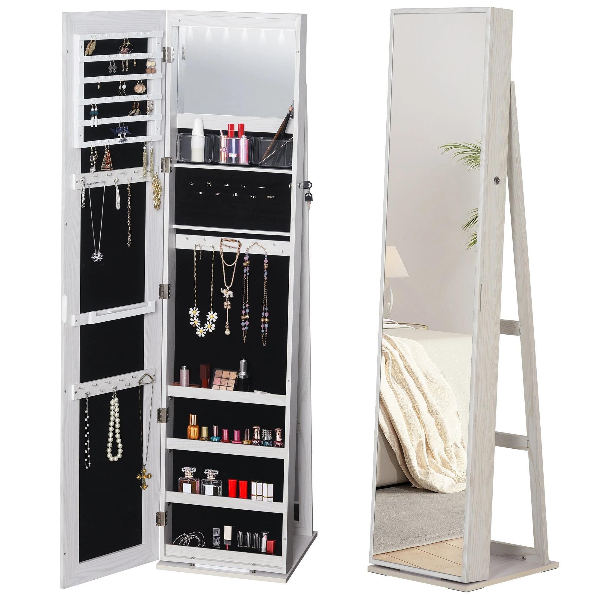 Joalheiro de Pé Armário para Joias com 6 Luzes LED Fechadura Organizador de Joias com Prateleiras Suportes para Anéis 38x38x157cm Branco
