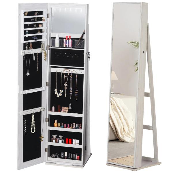 Joalheiro de Pé Armário para Joias com 6 Luzes LED Fechadura Organizador de Joias com Prateleiras Suportes para Anéis 38x38x157cm Branco