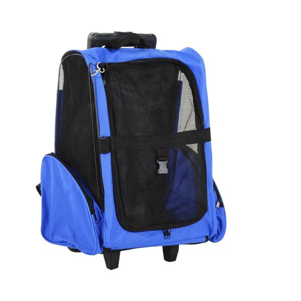 Transportadora 2 em 1 para Animais de Estimação Mochila ou Carrinho de Viagem para Cães e Gatos com 2 Rodas Alça Retrátil de Alumínio e Bolso de Armazenamento 42x25x55cm Azul