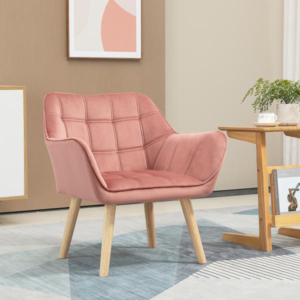 Poltrona Moderna Poltrona de Leitura Estofada em Veludo com Assento Amplo Pés em Madeira 67x61,5x71 cm Rosa