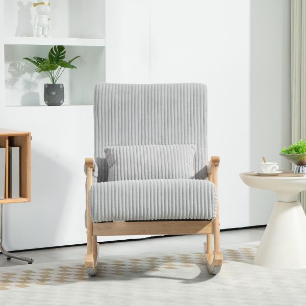 Poltrona Baloiço Moderna em Veludo Cotelê com Apoio para os Braços Almofada Lombar e Bolso Poltrona de Amamentação 65x90x98 cm Cinza