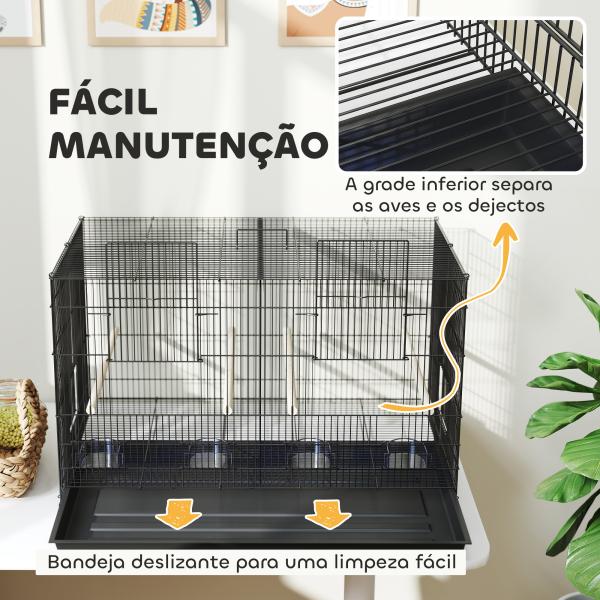 Gaiola para Pássaros com Divisória Gaiola para Aves com 4 Comedouros 4 Poleiros e Bandeja Amovível 76x46x46 cm Preto