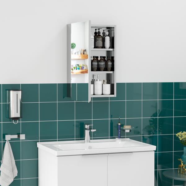 Armário de Casa de Banho com Espelho Armário de Parede para Casa de Banho com Porta e 3 Prateleiras de Armazenamento para Duche 39x12x60cm Prata