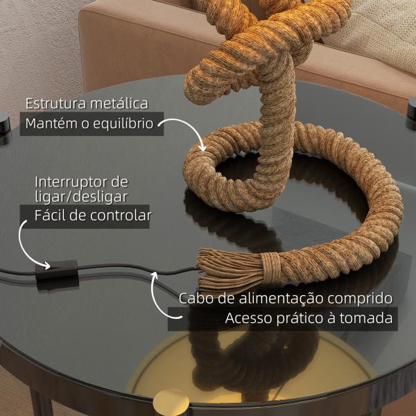 Candeeiro de Mesa LED com Base de Metal Corda de Linho e Ecrã de Tecido Suporte para Lâmpada E27 Ø28x45,5 cm Marrom Bege