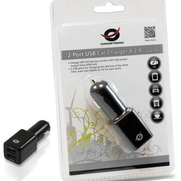 Carregador Universal Isqueiro 12/24V 2x USB 4,2A (Preto) - CONCEPTRONIC