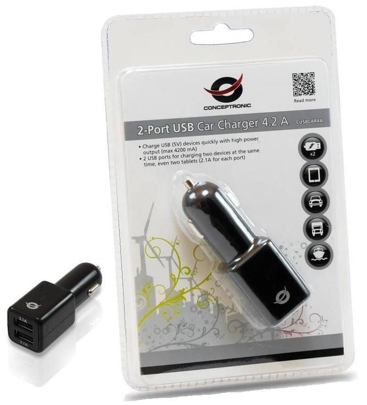 Carregador Universal Isqueiro 12/24V 2x USB 4,2A (Preto) - CONCEPTRONIC