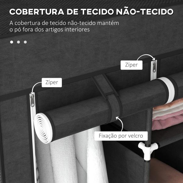 Roupeiro de Tecido Dobrável com 8 Prateleiras de Armazenamento e 2 Barras de Pendurar 125x43x162,5 cm Preto