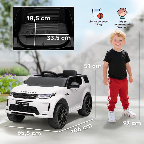 Carro Elétrico para Crianças acima de 3 Anos com Licença Land Rover Discovery Sport Carro Elétrico Infantil com Bateria 12V Controlo Remoto Faróis Buzina e Música 106x65,5x51 cm Branco