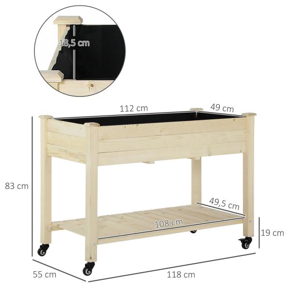 Horta Vertical Mesa de Cultivo Elevada com Prateleira Tecido Geotextil Rodas com Freios Portátil para Jardim Terraço 118x55x83cm Madeira Natural