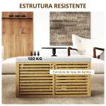 Baú de Arrumação para Dormitório 122L Estofado em Linho Sintético com Almofada Estrutura de Bambu 90x42x43 cm Cinza e Madeira