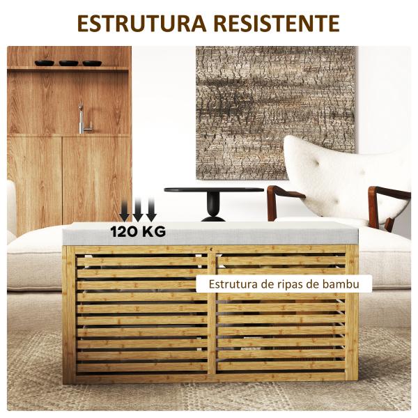 Baú de Arrumação para Dormitório 122L Estofado em Linho Sintético com Almofada Estrutura de Bambu 90x42x43 cm Cinza e Madeira