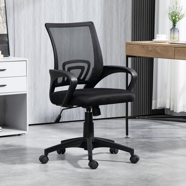 Cadeira de Escritório de Malha Giratória com Altura Ajustável Função Basculante e Apoio para os Braços 57x55x89 - 109 cm Preto