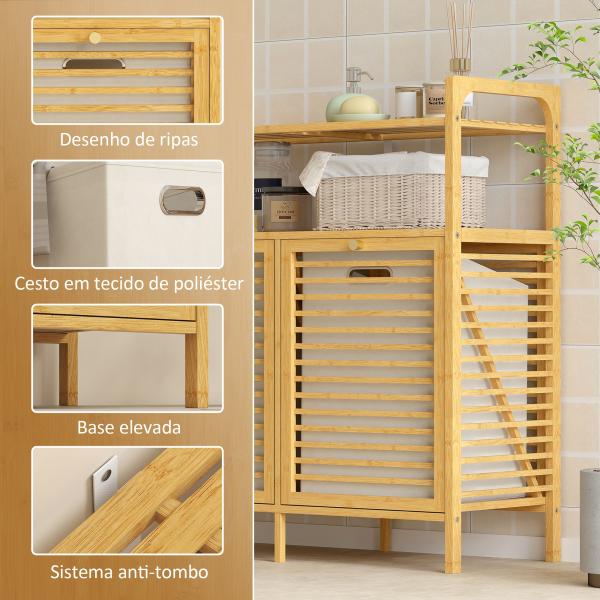Móvel de Casa de Banho com Cesto para Roupa Suja Móvel para Roupa Suja em Bambu 2 Sacos de Roupa 82x33x88 cm Madeira