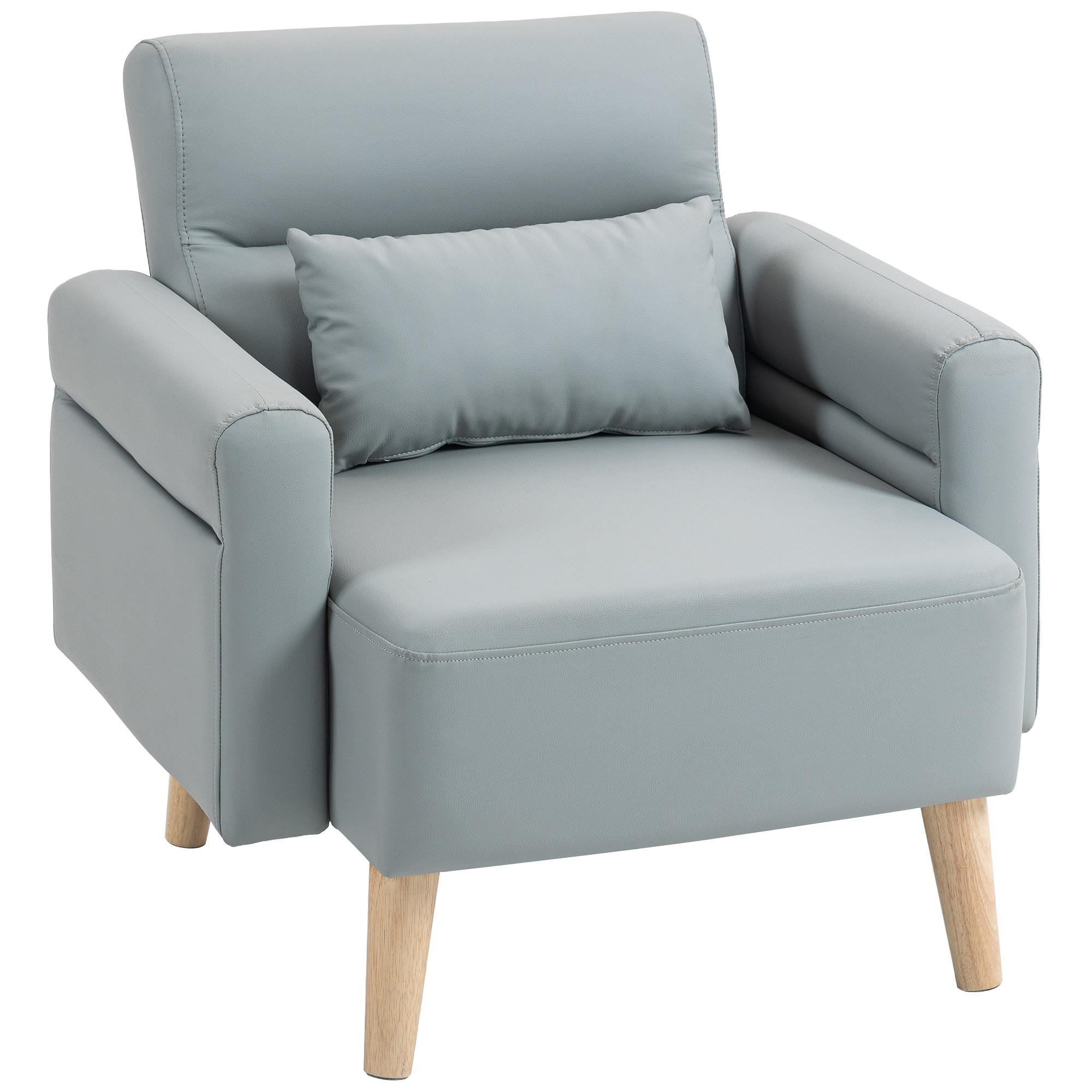 Poltrona Moderna Estofada em Couro Sintético com Apoios de Braço Acolchoados e Pés em Madeira 77x78x78 cm Cinzento