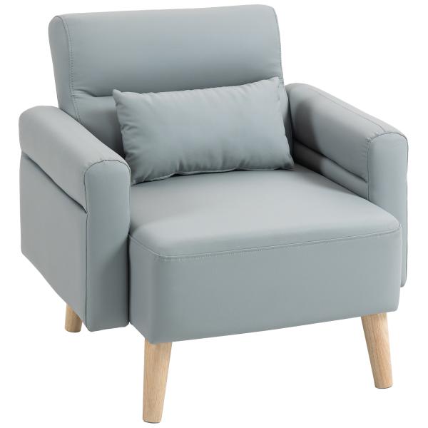 Poltrona Moderna Estofada em Couro Sintético com Apoios de Braço Acolchoados e Pés em Madeira 77x78x78 cm Cinzento