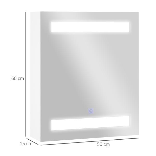 Armário Casa de Banho com Espelho e Luz LED 2 Prateleiras de Armazenamento e Interruptor Tátil 50x15x60cm Branco