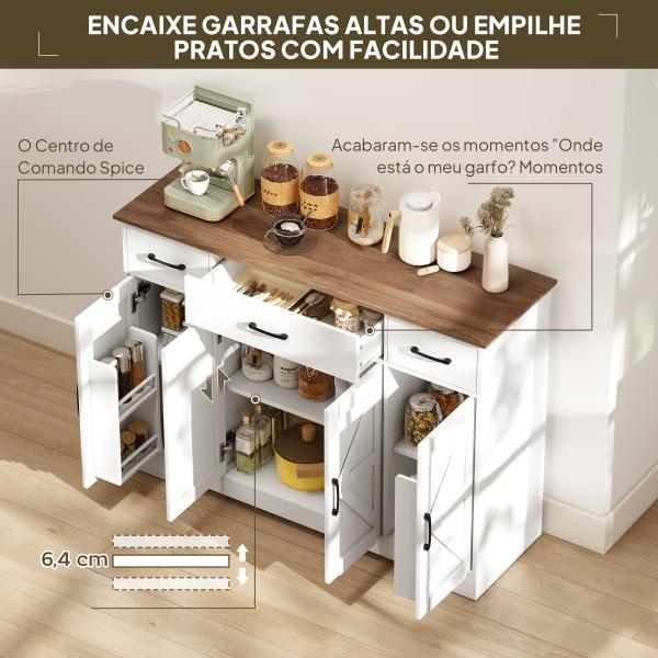 Aparador de Cozinha Rústico 4 Prateleiras de Porta Prateleiras Ajustáveis 3 Gavetas 120x38x87 cm Branco e Nogueira
