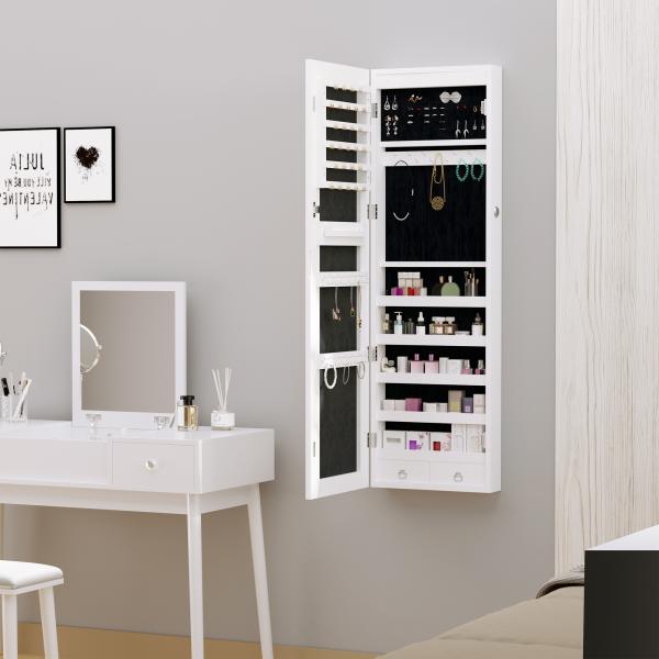 Espelho com Móvel de Bijuterias de Parede ou Porta Espelho de Parede com LED 5 Prateleiras 2 Gavetas pequenas e Fechadura 37x120x10cm Cinza Claro