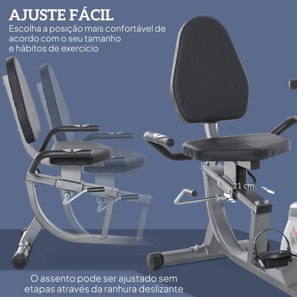 Bicicleta ergométrica reclinável com tela LCD e volante de 3 kg resistência magnética de 8 níveis assento ajustável 121,5 - 136x62,5x98 cm Cinza