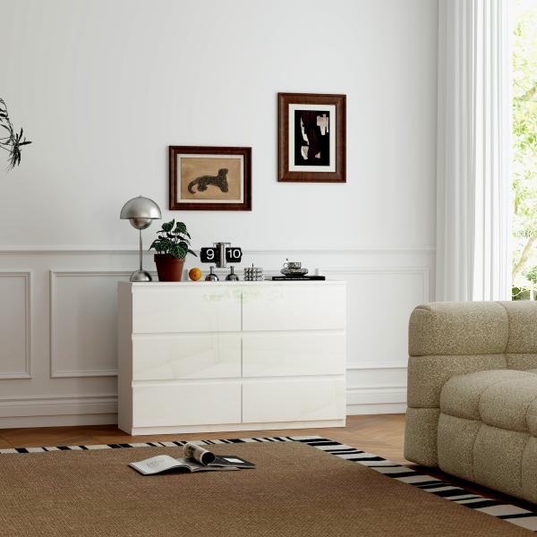 Cómoda com 6 Gavetas de Madeira Cómoda de Dormitório Cómoda Branca Estilo Moderno 112x34x75 cm Branco Brilhante
