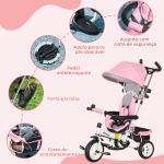 Triciclo Evolutivo para Bebés de +12 Meses 2 em 1 com Toldo Dobrável Guiador Cinto de Segurança e Cesto 95x50x106 cm Rosa