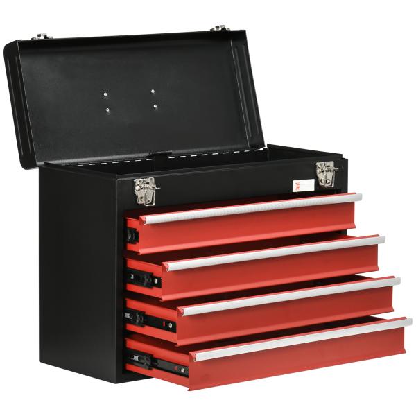 Caixa de Ferramentas de Aço com 4 Gavetas Fechaduras Metálicas Mala de Ferramentas Portátil 51x22x39,5 Preto e Vermelho