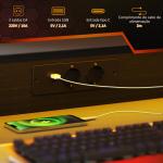 Secretária Gaming com Luzes LED 100x60 cm Tomadas de Corrente Suporte para Monitor Prateleiras e Comando Remoto Preto