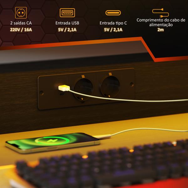 Secretária Gaming com Luzes LED 100x60 cm Tomadas de Corrente Suporte para Monitor Prateleiras e Comando Remoto Preto